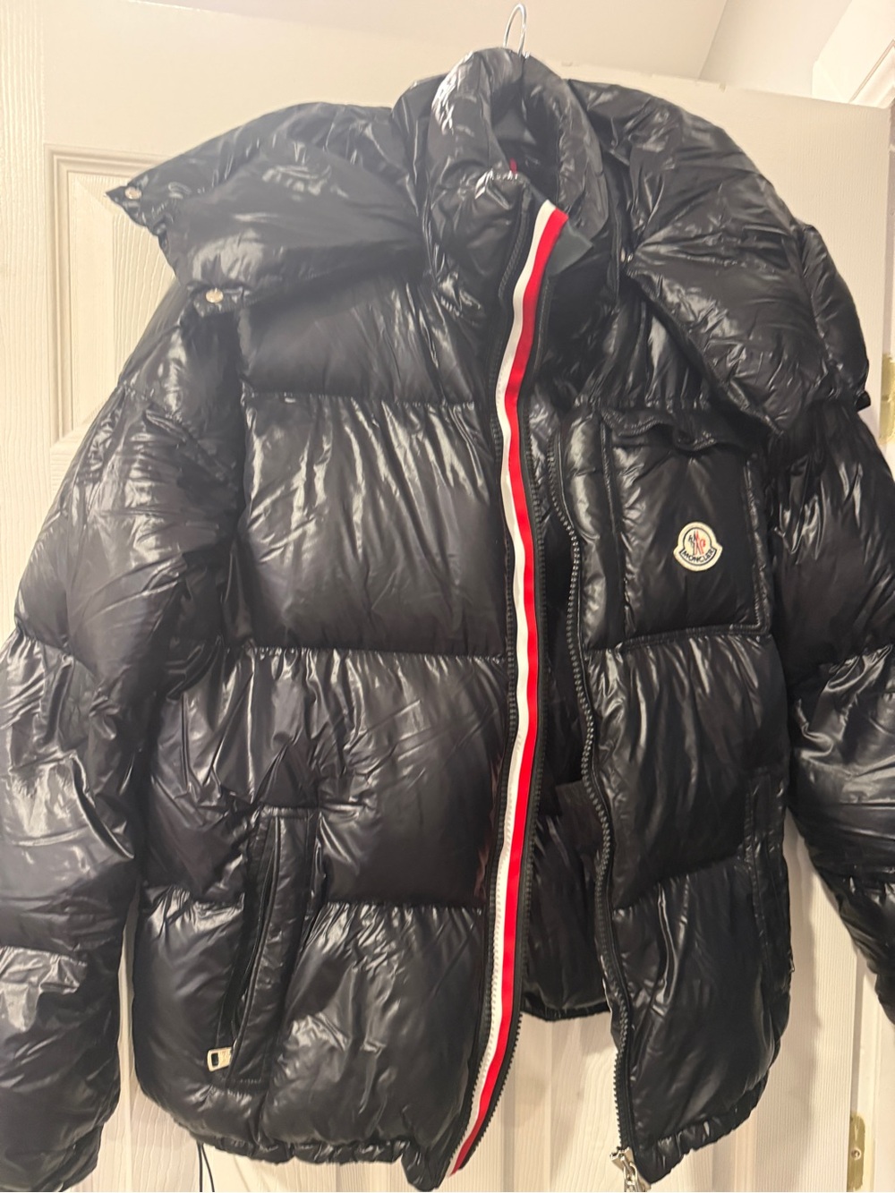 Moncler Black Shiny Down Jacket with Tricolor Loop